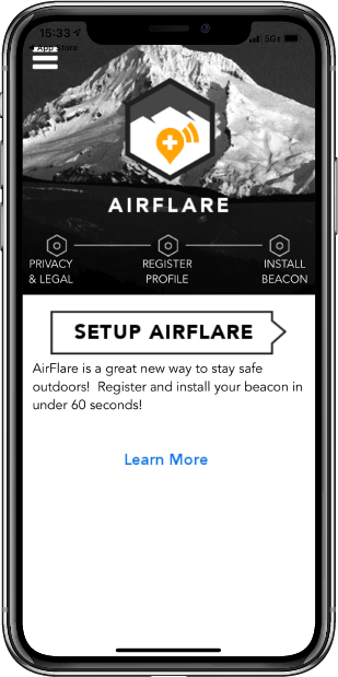 A mobile phone showing the displaying the welcome screen in the AirFlare App