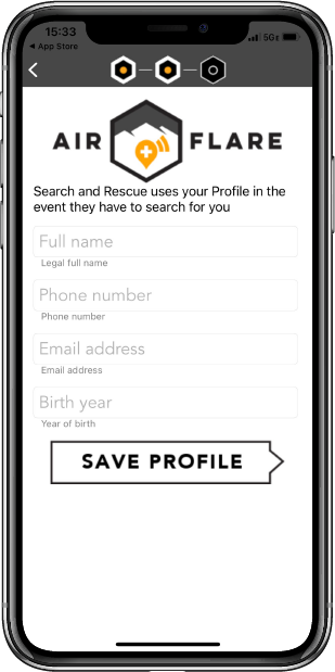 A mobile phone showing the displaying the profile entry screen in the AirFlare App