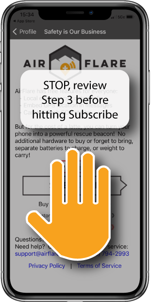 A mobile phone displaying a greyed out subscription screen with a hand asking the user to wait in the AirFlare App