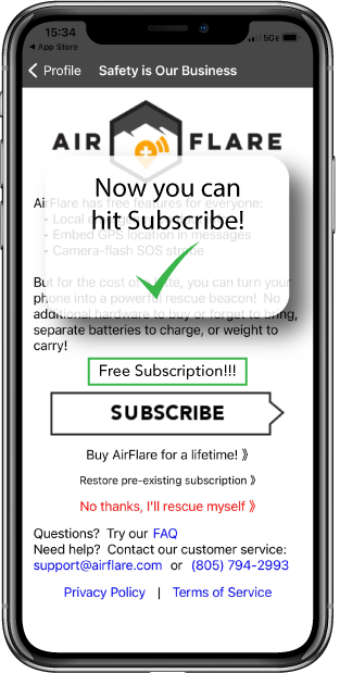 A mobile phone displaying the subscription screen with green check mark showing the user that they can now subscribe in the AirFlare App
